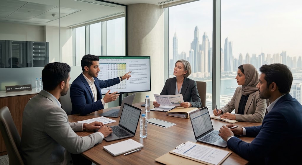 Startup founders and investors meeting in a Dubai office